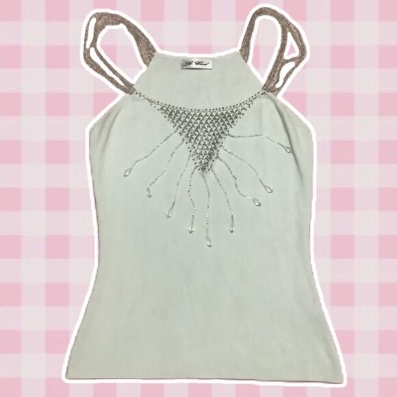 So Cool Y2K Style Bohemian Fairy Whimsical White Beaded Ribbed Camisole Medium - Picture 1 of 16